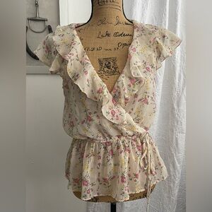 Forever 21 Sheer Floral Ruffle Faux Wrap Blouse Cottagecore Coquette Size M